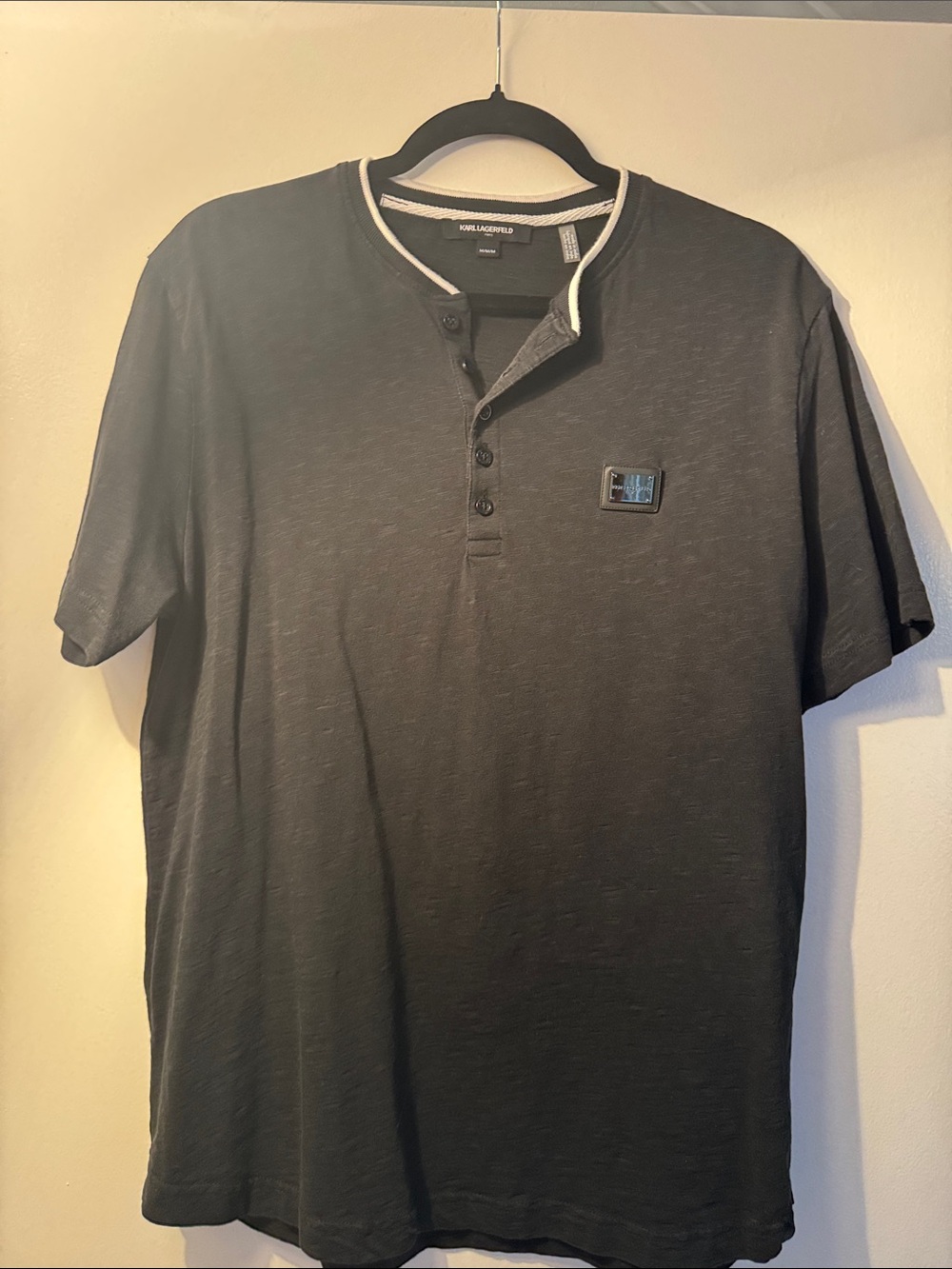 Karl Lagerfeld Black Short-Sleeve Henley with Contrast Trim